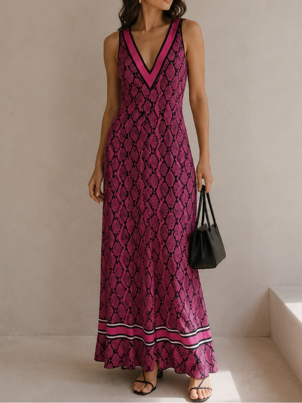 Michael Kors Magenta Snake-Print V-Neck Maxi Dress Size Small